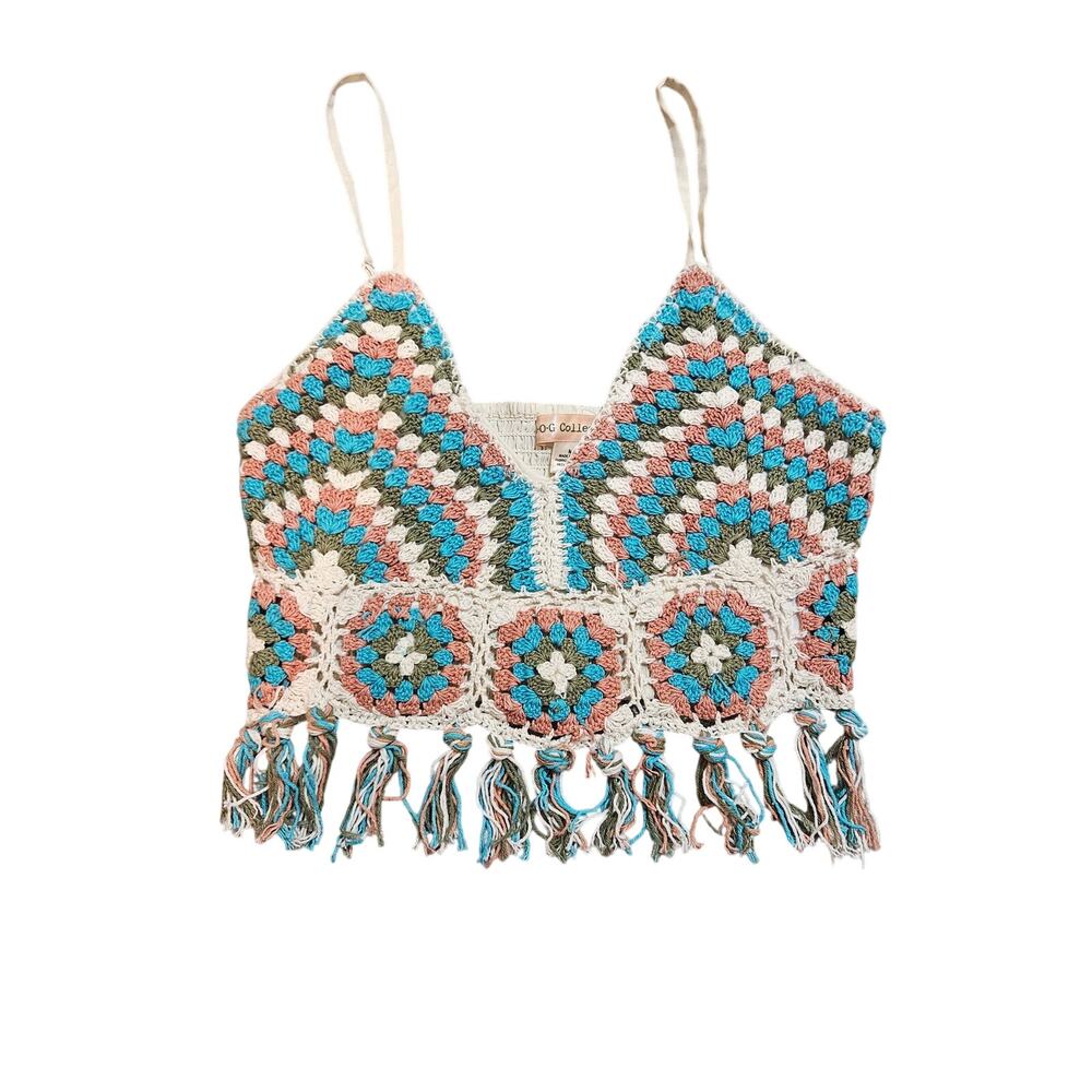 BOG Collective Crochet Crop Tank Top Womens Sz Medium Boho Fringe Colorful